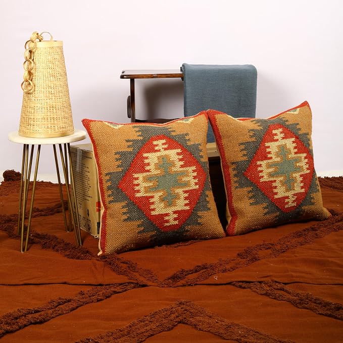 Trade Star Set of 2 Throw Pillow Covers Handloomed Rug Decorative Cushion case 70% Jute 30% Wool Desinger Handwoven Pillowcase Kilim Cushion Covers 18x18 Inches (Kilim 13)