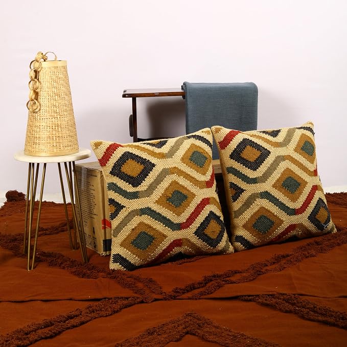 Trade Star 70% Jute 30% Wool Throw Cushion Cover Decorative Pillow Highly Durable Quality Handwoven Cushion Case Rug Pillowcase Set of 2 Kilim Pillow Cover Thick Rug Designer Case