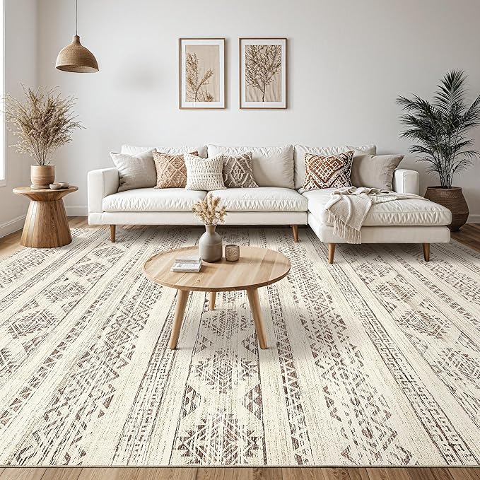 Tortania Area Rug Living Room Rugs - 12x15 Washable Large Soft Neutral Boho Moroccan Bohemian Farmhouse Rug Indoor Floor Carpet for Bedroom Under Dining Table Home Office Decor - Brown