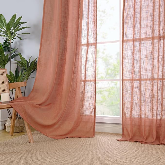 LAMIT Light Filtering Linen Curtains 54 inches Long for Bedroom, Linen Textured Semi Sheer Back Tab and Rod Pocket Terracotta Boho Drapes for Living Room, 2 Panels, 52 x 54 Inch