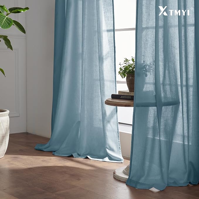 XTMYI Dusty Blue Curtains 96 Inches Long for Living Room,Light Filtering Country Vintage Hooks Pleated Back Tab Semi Sheer Linen Curtains for Bedroom 2 Panels Set,Stone Blue