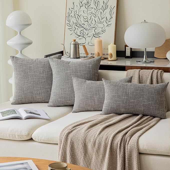 Kevin Textile Faux Linen Square 2 Tone Woven Throw Pillow Covers Sham Cushion Case for Car/Couch Use, 18-inch(2 Packs, Grey)