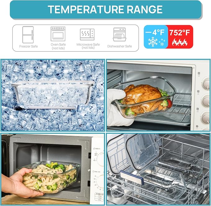 Vtopmart 2Pack 2260ml/ 76.4oz Large Glass Storage Containers with Lids, Meal Prep Food Container Set with Snap Airtight Lid for Baking, Microwave, Oven, Leak Proof, for Freezer, Dishwasher, Grey