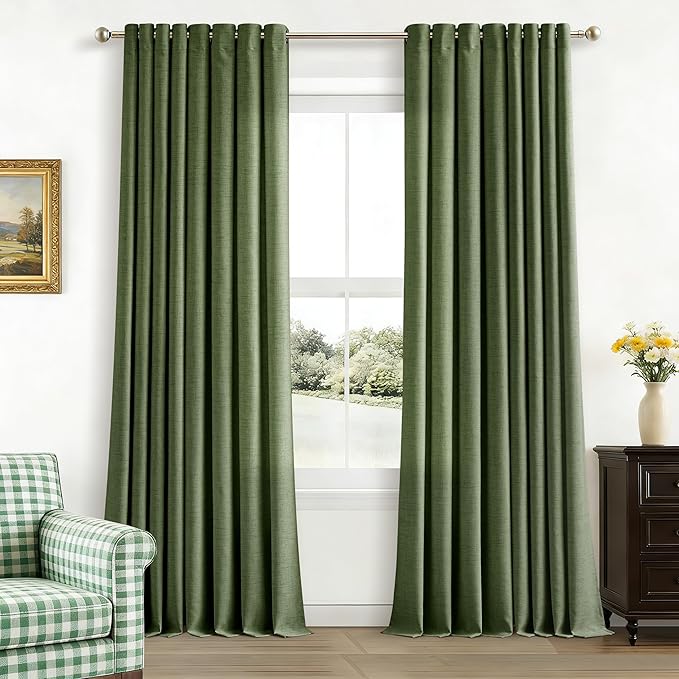 90 Inch Length 2 Panels Olive Green Linen Curtains Loden Filtering Semi Sheer Grommet Drapes Thick Linen Privacy Boho Farmhouse Window Curtain for for Bedroom Office Sliding Door 52x90