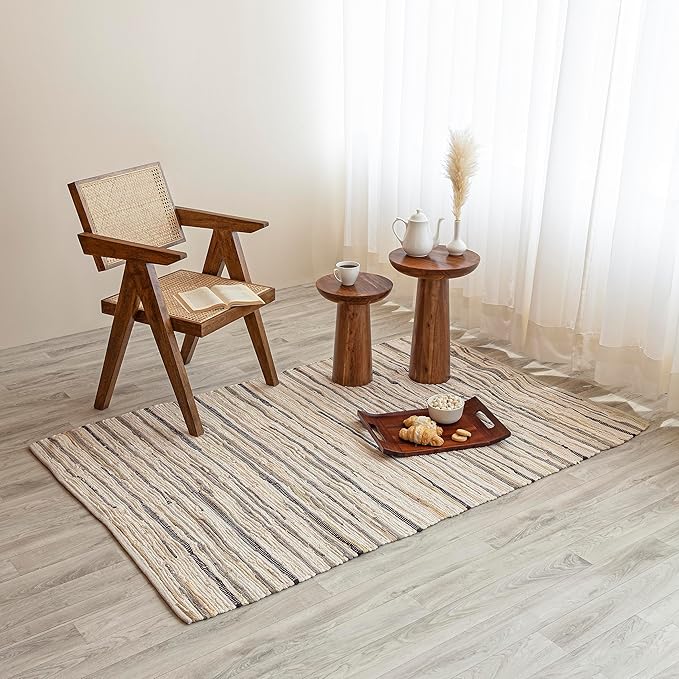 HOMEMONDE Beige Chindi Rug 3'x5' Recycled Soft Cotton Rag Rug Hand Crafted Reversible Boho Decor for Bedroom, Living Room, Kitchen, Entyrway