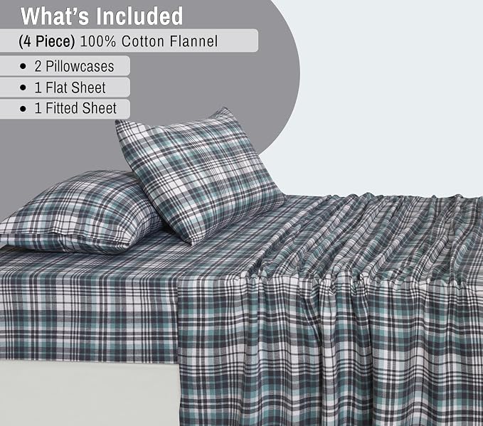 RUVANTI Flannel Sheets Full Size - 100% Cotton Double Brushed Bed Sheets Set, Deep Pockets 16 Inches, All Seasons Breathable & Extra Soft Full Sheets, Warm & Cozy, 4 Piece, Mint Grey
