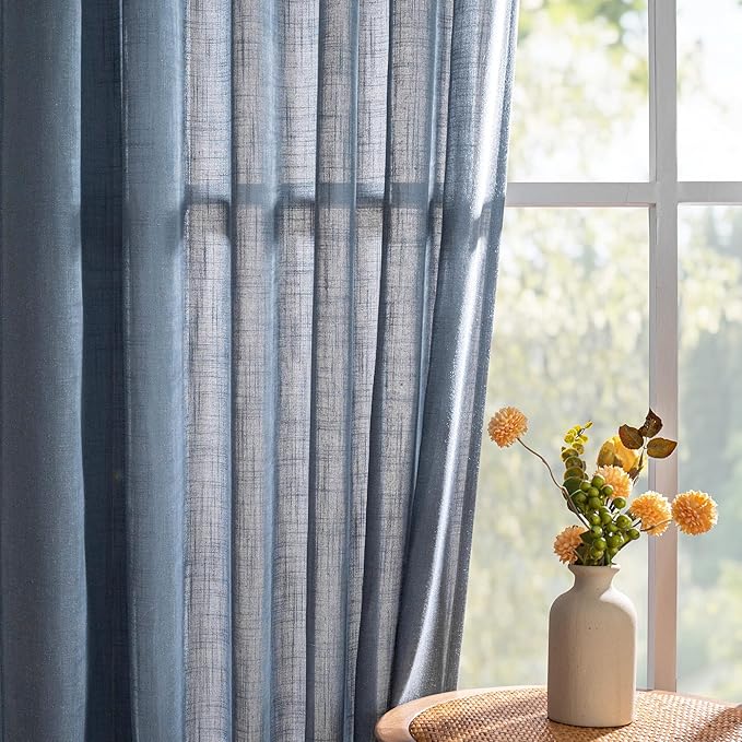 MYSKY HOME Extra Long Sheer Curtains Farmhouse, Sliding Door Curtain for Living Room Light Filtering Privacy Protect Soft Linen Blend Back Tab Window Drapes, 50" x 108", Dusty Blue, 2 Panels
