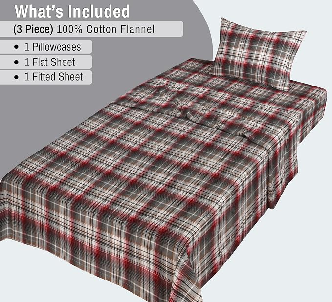 RUVANTI Flannel Sheets Twin XL Size - 100% Cotton Double Brushed Twin XL Sheet Sets, Deep Pockets 16 Inches, All Seasons Breathable & Extra Soft Bed Sheets, Warm & Cozy, 3 Piece, Halloween Check
