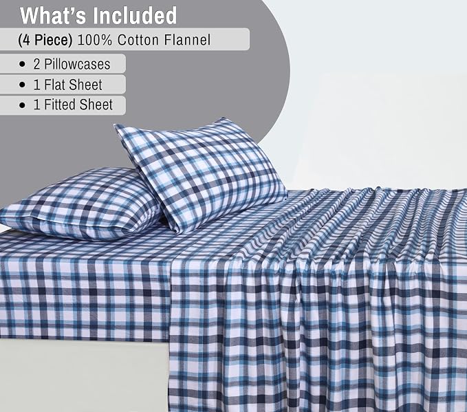 RUVANTI Flannel Sheets King Size - 100% Cotton Double Brushed King Size Sheets Set - Deep Pockets 16 Inches Bed Sheets - All Seasons Breathable & Extra Soft - Warm & Cozy, 4 Piece, Gingham Addition