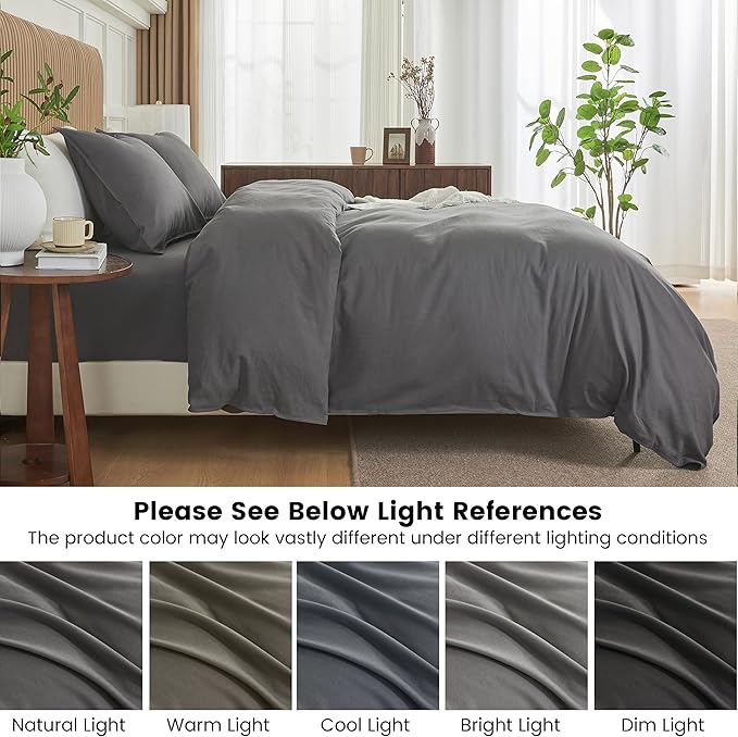 BISELINA French Linen Duvet Cover Set 3pcs with Hidden Zipper Closure Natural Flax Cotton Blend Solid Color Soft Breathable Luxury Farmhouse Bedding - King Size, Dark Grey