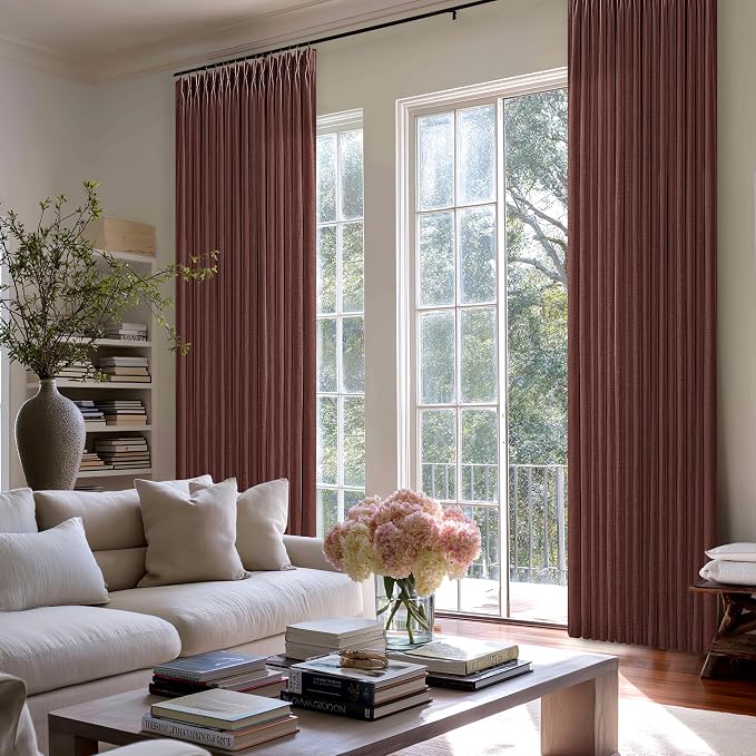 Thick Linen Pinch Pleat Curtains 86 Inches Length 2 Panels Chestnut Brown Rustic Memory Trained Semi Sheer Privacy Back Tab Window Drapes 50 Inch Wide Rust Red Brick Curtain for Living Room Bedroom