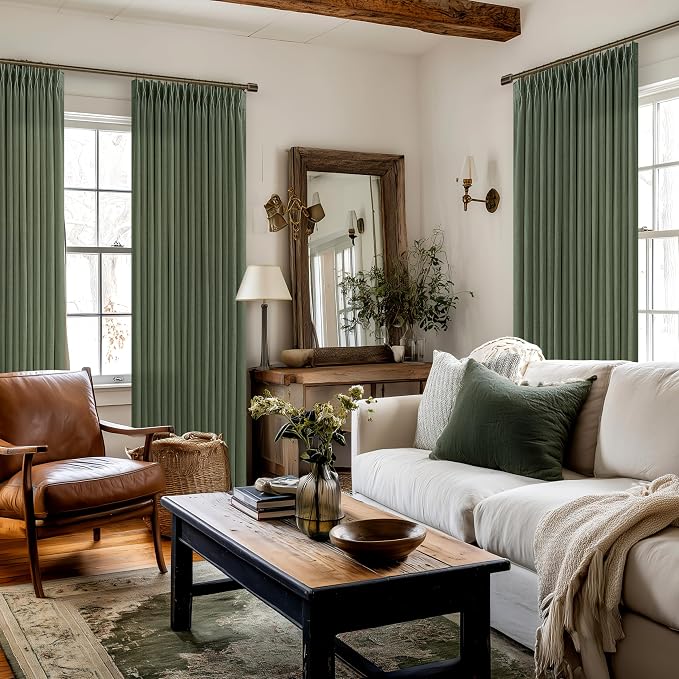 Green Linen 86 Inches Long Curtains 2 Panels Set Pinch Pleated Olive Moss Green Linen Drapes for Living Room Bedroom Pinch Pleat Light Filtering Country Farmhouse Window Curtains 86 Inch Length