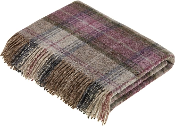 Moon Wool Plaid Throw Blanket, Pure New Wool, Stroud Heather, Made in UK
