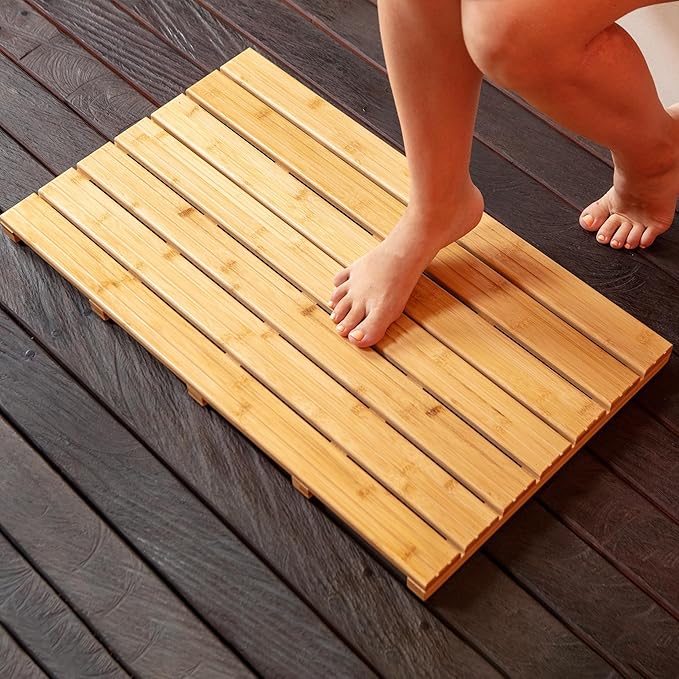 Large Natural Bamboo Bath Mat – Non-Slip Design Sauna Floor Mat, Secure Grip Pads, Water-Resistant Coating, Durable for Indoor/Outdoor Use, Bamboo Decor