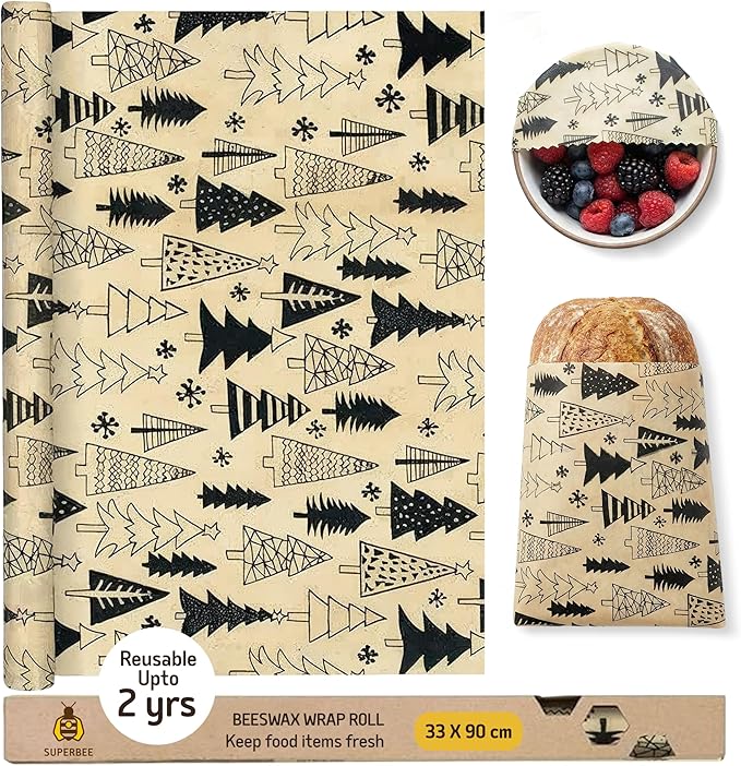 SUPERBEE Reusable Beeswax Wraps for Food – XL Beeswax Wrap Roll (35x13"), Bees Wrap Paper for Wrapping Cheese, Veggies, Sandwiches & Bowl Covers, Festive Holiday Print, Sustainable Gift Idea