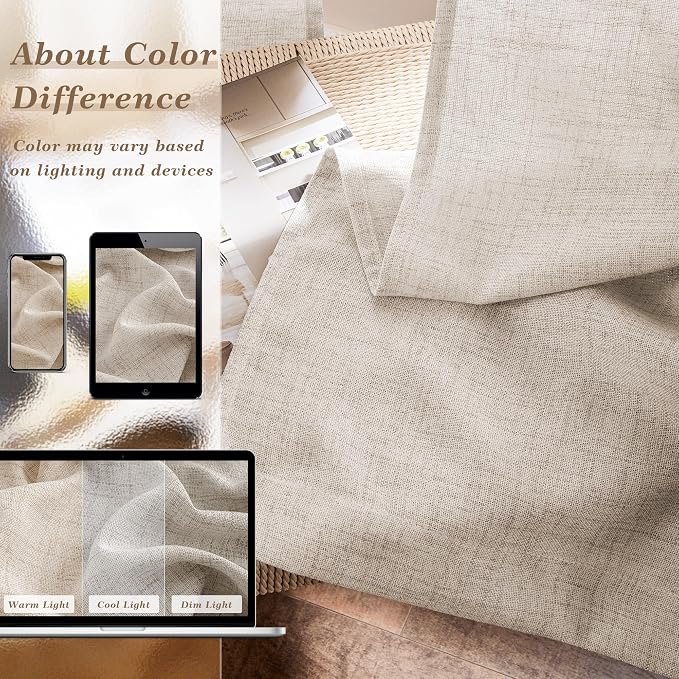 Linen 105 Inch Curtains 2 Panels for Dining Living Room Semi Sheer Light Filtering Farmhouse Curtains with Rod Pocket Hook Belt Privacy Tan Beige Flax Linen Long Window Drapes