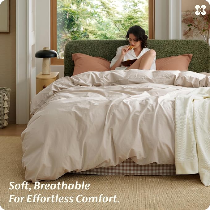 Bedsure Duvet Cover Queen Size - 100% Washed Cotton, Linen-Like Minimalist Bedding - PureWoven Plain Soft Comforter Cover for All Seasons, 1 Duvet Cover Only (Oatmeal, 90" x 90")