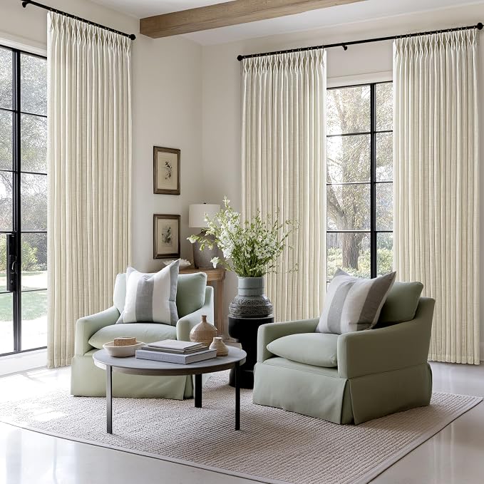 80 Inch Linen Curtains 2 Panels Set for Living Room Bedroom Boho Farmhouse Pinch Pleated Flax Linen Burlap Semi Sheer Back Tab Pinch Pleat Hooks Rings Window Curtain Light Tan Beige 50 by 80 Length