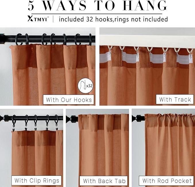 XTMYI Burnt Orange Curtans 63 Inch Length for Bedroom,Sheer Linen Light Filtering Fall Autumn Farmhouse Drapes for Living Room Decor