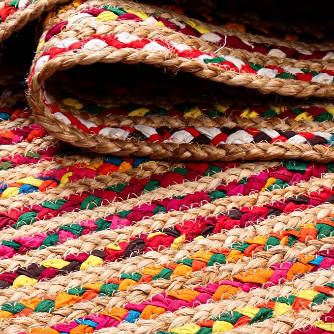 THE BEER VALLEY Jute Cotton Braided Rug 2x3 Feet - Multi | Farmhouse Handwoven Boho Indoor/Outdoor Floor Rugs for Entryway, Kitchen, Nursery - Reversible Small Door Mat for Home Décor