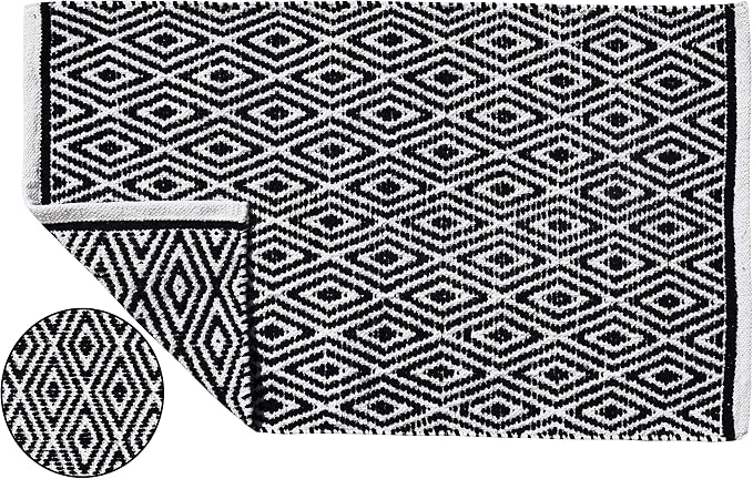 Ramanta Home 100% Cotton Diamond Handwoven Reversible Rug 21x34 Inch– Black Soft Washable Area Rug for Bathroom, Kitchen, Bedroom, Entryway | Durable Lightweight Handmade Accent Floor Mat | Boho Décor
