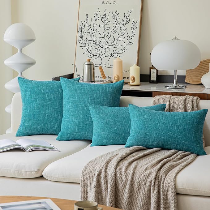Kevin Textile Decorative Linen Pillowcases for Couch/Sofa/Bed/Car, Honey Yellow Striped Star Both Sides, 24x24-inch (61x61cm), 2 Pcs, Peacock Blue