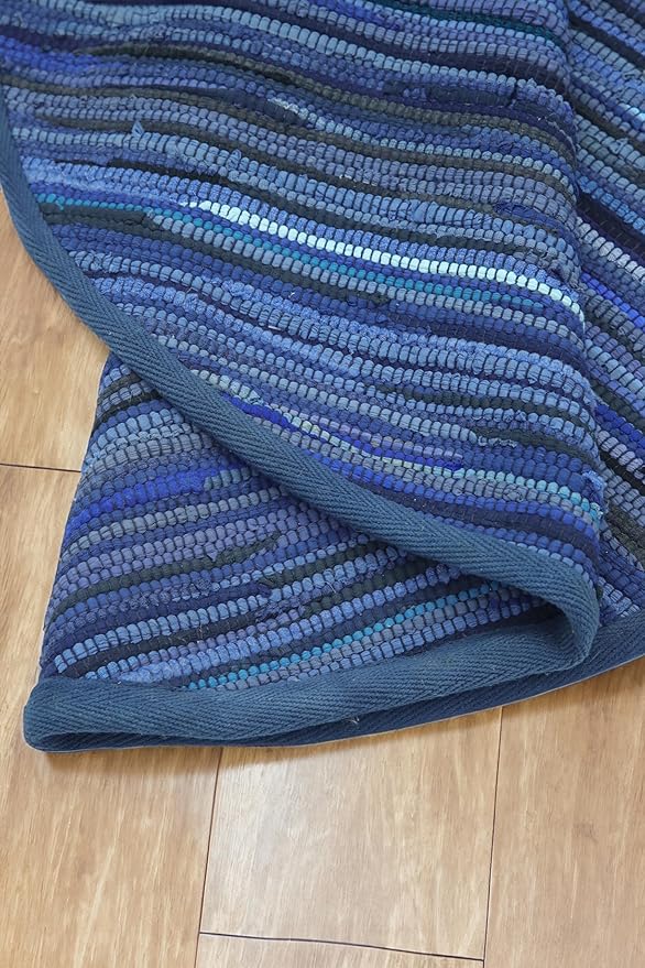 Cotton Hand Woven Chindi Area Rug 4 Feet Round - Navy, Reversible Large Durable Indoor Décor Carpet Ideal for Bedroom, Living Room, Nursery | Blue Soft Farmhouse Circle Floor Mat for Home Space