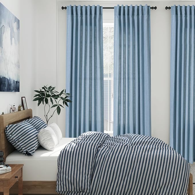 Nanspring Blue Linen Curtains 63 Inches Length 2 Panels Set for Living Room Back Tab Pocket Modern Light Filtering Semi Sheer Drapes Cotton Linen Textured Dusty Blue Window Curtain 52X63 Inches