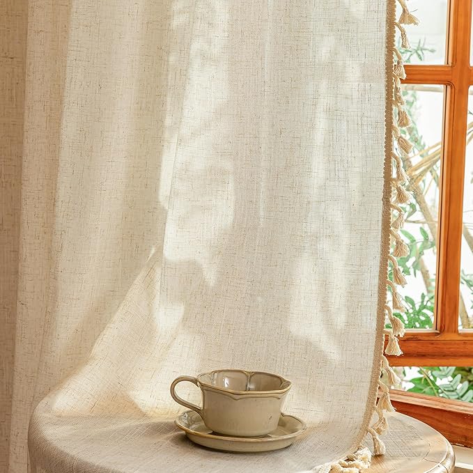 MYSKY HOME 96 Inch Length Farmhouse Semi Sheers Light Filtering Privacy Drapes for Sliding Glass Door, Bohemian Country Style Draperies with Tassel Back Tab, 50" W×96" L, Linen, 2 Panels