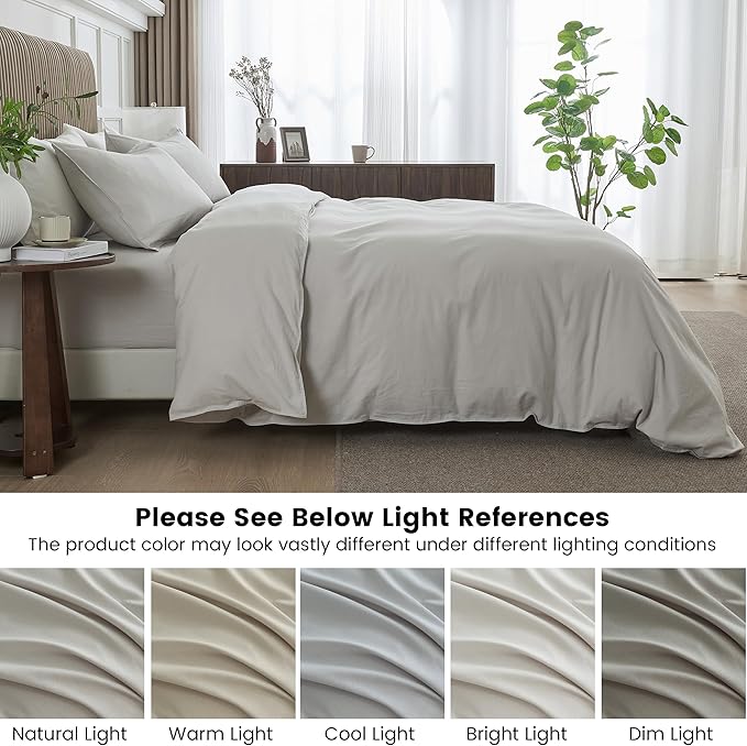 BISELINA French Linen Duvet Cover Set 3pcs with Hidden Zipper Closure Natural Flax Cotton Blend Solid Color Soft Breathable Luxury Farmhouse Bedding - Queen Size, Khaki Grey