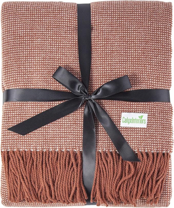 Calyx Interiors Wool Throw Blanket – 50 x 60in Lambswool Throw Blanket with Tassels – Soft and Warm Thick Wool Throw – Throw Blanket for Couch, Bed, Sofa – Warm Blanket for Winter (Brick/Cream)
