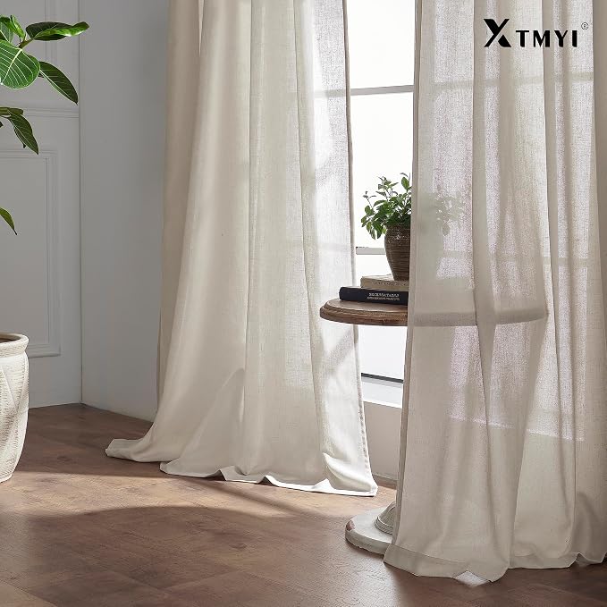XTMYI Oatmeal Beige Country Curtains for Living Room,Sheer Linen Curtains for Bedroom 102 Inches Long,70 Inches Wide