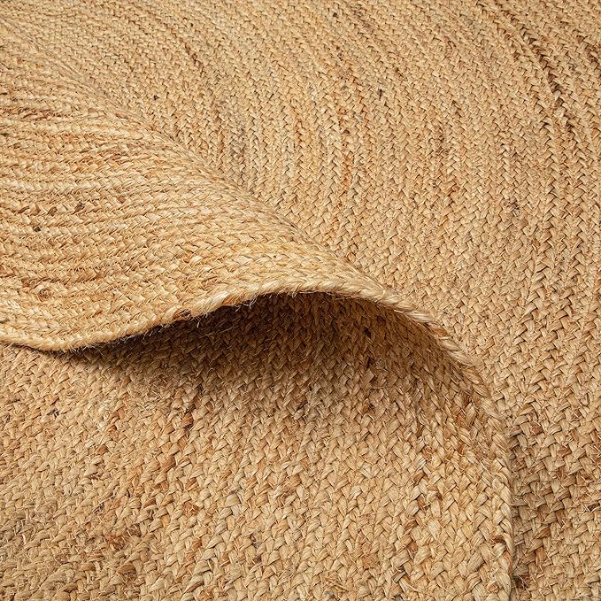 THE BEER VALLEY Jute Braided Area Rug 8 Feet Round - Natural | Reversible Handwoven Circle Rug for Living Room, Bedroom, Nursery - Large Farmhouse Indoor Décor Floor Mat