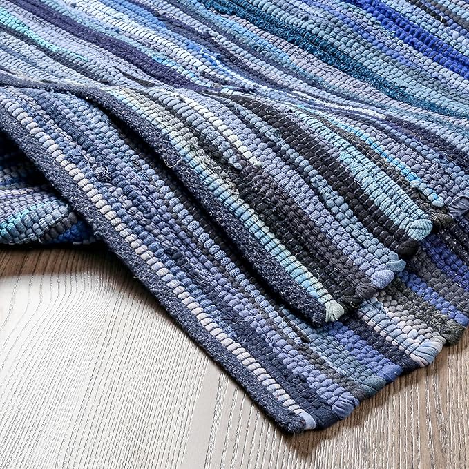 Cotton Hand Woven Chindi Runner Rug 2x6 Feet - Navy, Farmhouse Natural Recycled Rag Floor Rugs Ideal for Hallway, Kitchen, Nursery, Laundry Room | Blue Sturdy Reversible Patio Mat for Living Space