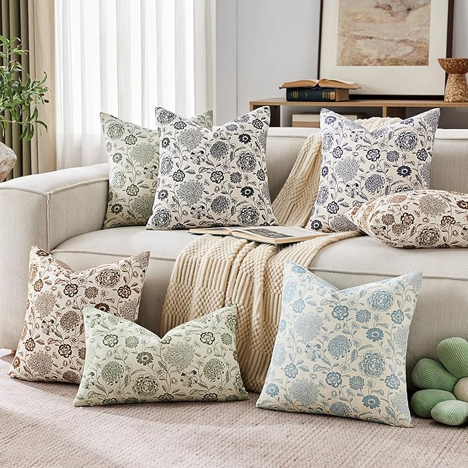 100% Cotton Botanical Throw Pillow Covers Set of 2, 22x22 Inch Navy, Farmhouse Double-Sided Floral Print Decorative Cushion Covers Pillow Cases Boho Home Decor
