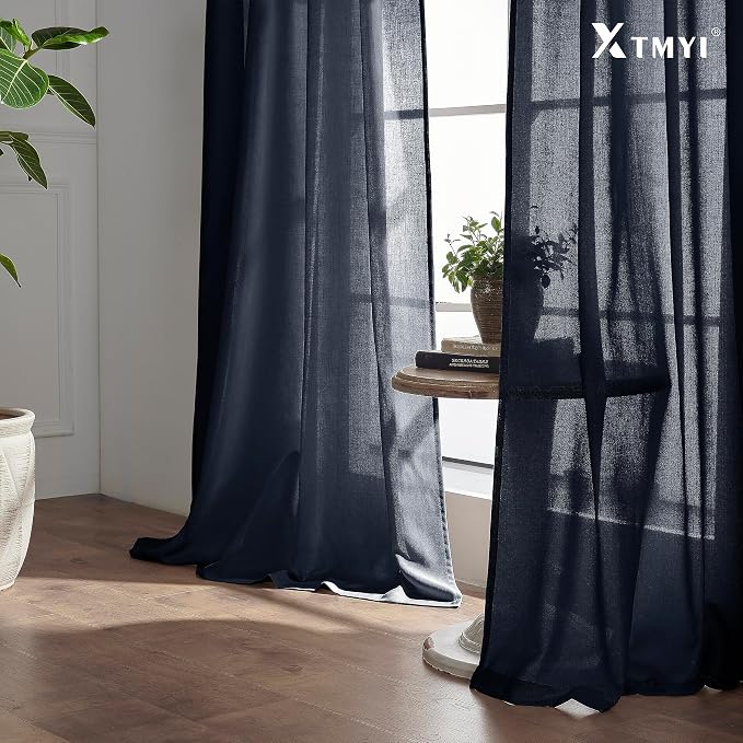 XTMYI Navy Blue Curtains 84 Inch Lengh,Linen Sheer Back Tab Hooks Pleated Light Filtering Dark Blue Kids Curtains for Boys Bedroom Living Room 2 Panel Set,Midnight/Indigo