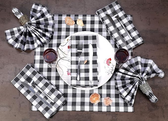 Cotton Dinner Napkins Set of 12 – 18"x18" Gingham Plaid Check, 100% Cotton, Washable Fabric Napkins with Mitered Corners & Generous Hem – Wedding & Cocktail Napkins