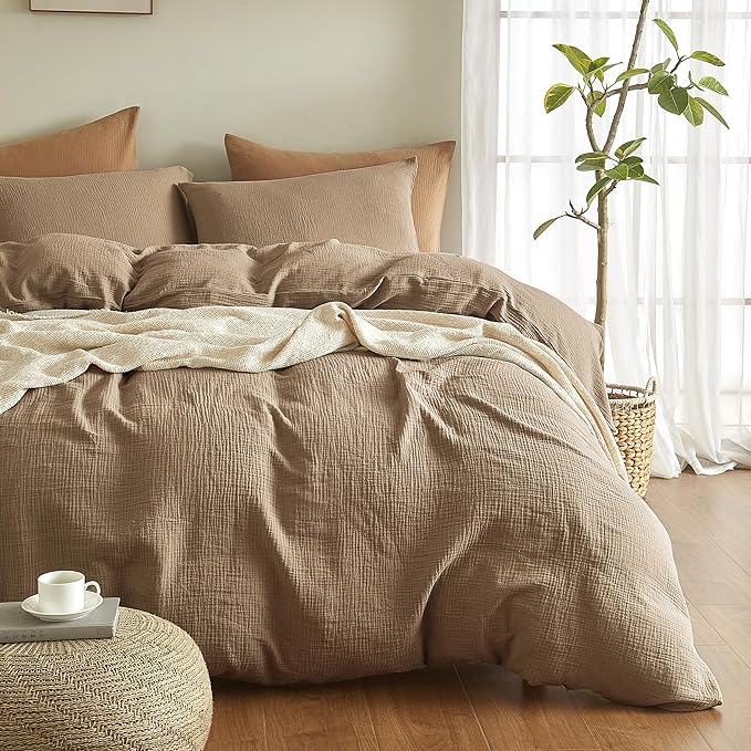 SE SOFTEXLY Muslin Duvet Cover Queen Size, 100% Washed Cotton Duvet Cover Set, Ultra Soft Comforter Cover Linen Like, 3 Pieces Minimalist Gauze Duvet Cover with 2 Pillowcases, 90"x90", Light Brown
