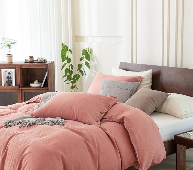 EVERLY 100% Pure Linen Duvet Cover Set Oversized King120X98Inch 3pcs (1 Duvet Cover,2 Pillowcases) Soft and Breathable for All Season with Coconut Button Closure, Suitable for Hot Sleepers-Pink