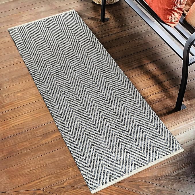 Cotton Chevron Hand Woven Area Runner Rug 2x6 Feet - Charcoal, Farmhouse Decorative Floor Runners Ideal for Hallways, Kitchen, Bedroom | Nursery Durable Geometric Reversible Living Space Patio Mats