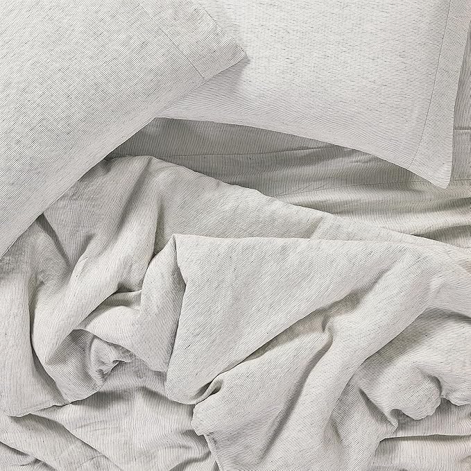 SIJO Premium Stone Washed Organic French Linen Duvet Cover, GOTS Certified Organic, Small Batch Sourced from Normandy, Best Cooling Linen Sheet Award by Sleep Foundation (Pinstripe, Full/Queen)