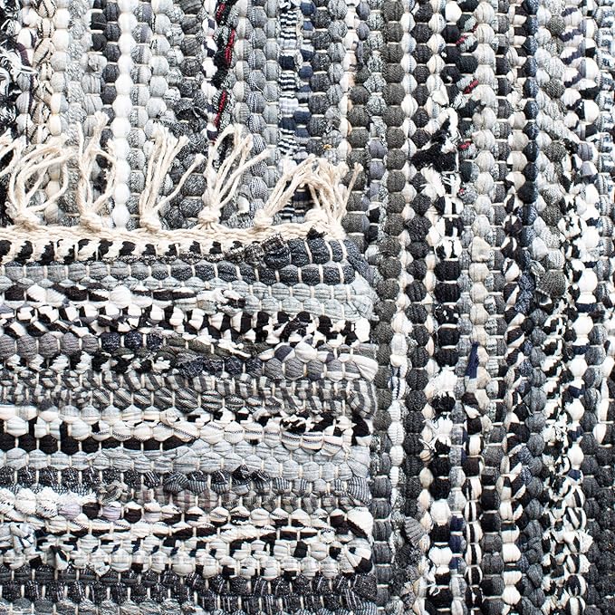 SAFAVIEH Rag Rug Collection Area Rug - 6' Square, Grey, Handmade Boho Stripe Cotton, Ideal for High Traffic Areas in Living Room, Bedroom (RAR128A)