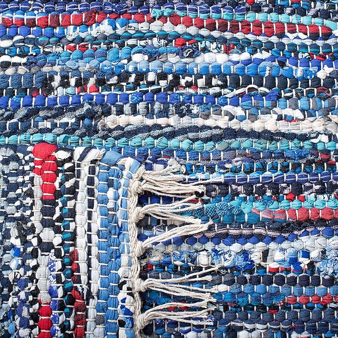 SAFAVIEH Rag Rug Collection Area Rug - 6' Square, Blue & Multi, Handmade Boho Stripe Cotton, Ideal for High Traffic Areas in Living Room, Bedroom (RAR128B)
