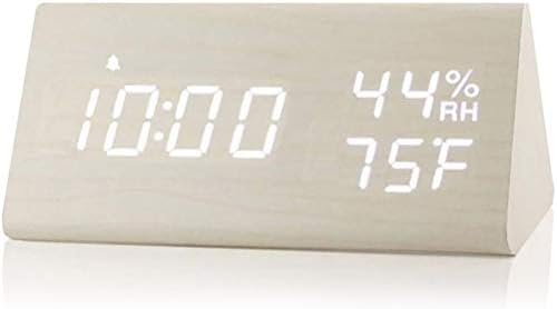 Digital Alarm Clock, Wooden Alarm Clock with Electronic LED Time Display, Humidity & Temperature Detect 3 Alarm Settings 3 Level Brightness Electric Clock for Bedroom Bedside Desk (White wood color)