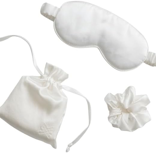 Zestt Organics Silk Sleep Mask Set, 100% Mulberry Silk Eye Mask for Women with Hair Scrunchie & Matching Carry Bag (Ivory)
