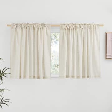 NICETOWN Natural Linen Kitchen Window Curtains Over Sink, Thick Flax Small Window Treatments Privacy Assured with Light Filtering Drapes for Bedroom/Bathroom, W55 x L36, 2 Panels