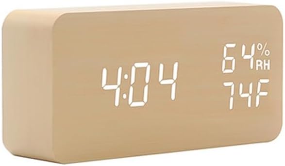 Smart Wooden Desk Clock with Voice Control, Snooze Alarm, and Real-time Environment Monitoring (Bamboo, 15 * 4 * 7cm)