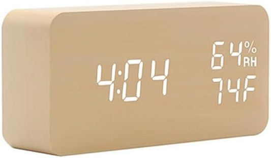 Smart Wooden Desk Clock with Voice Control, Snooze Alarm, and Real-time Environment Monitoring (Bamboo, 15 * 4 * 7cm)