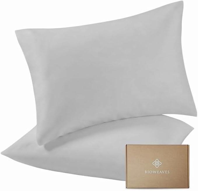 Bioweaves 100% Organic Cotton Envelope Pillow Cases 300 Thread Count Soft Sateen Weave GOTS Certified – 20 X 27, Set of 2, Silver