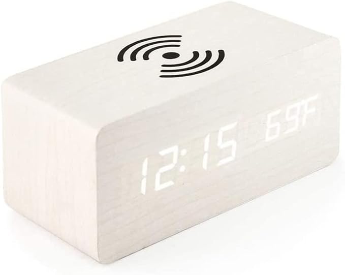 Digital Alarm Clock LED Wood Clocks,Temperature Display/Voice-Activated/Date/12/24 Hours,3 Alarms for Bedroom Office,Bamboo(White)